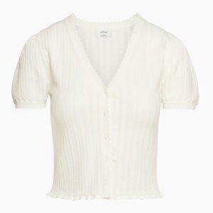 Aritzia Wilfred Estilo Pointelle Short Sleeve V-Neck Cardigan Top Light Birch S